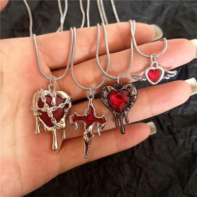 Vintage Red Love Heart Cross Shape Pendant Necklace With Snake Chain For Women Men Halloween Aesthetic Gothic Rave Jewelry Accessories