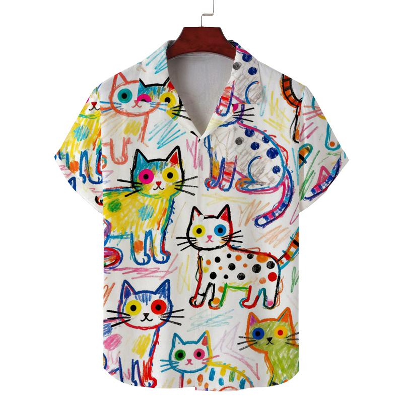 Zomer Unisex Nieuw Kortmouwig Shirt met Kattenprint Patroon voor Casual Woon-werkverkeer, Modieus en Gepersonaliseerd Ademend Shirt