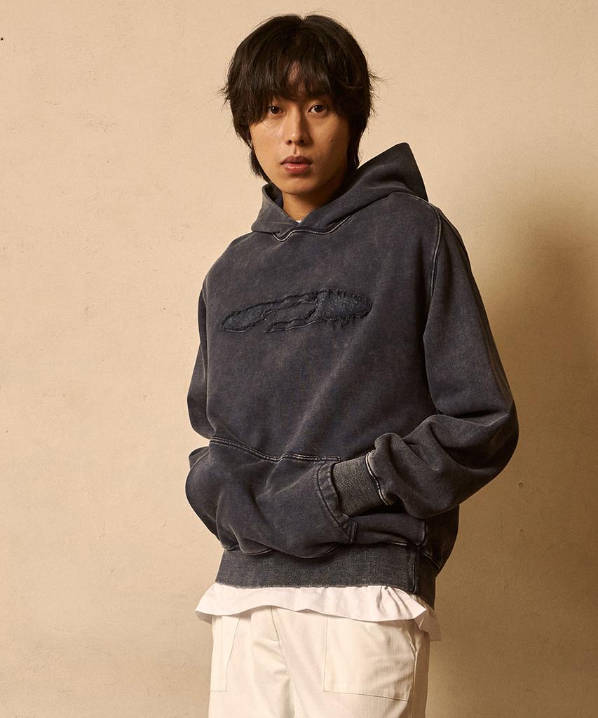 Fdr Pigment Washed Denim Applique Hoodie Navy