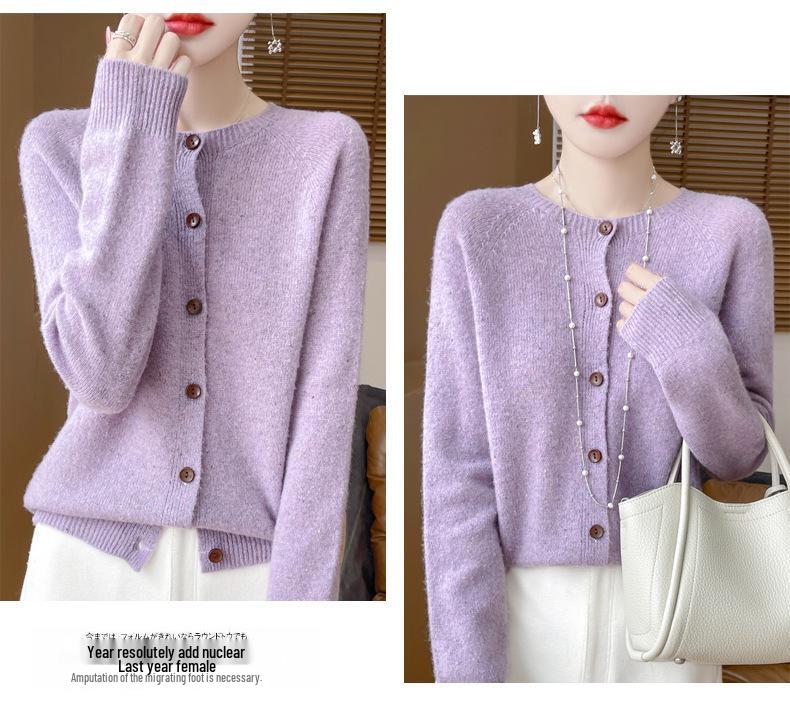 Women's 100% Pure Wool Round Neck Cardigan Sweater - Autumn/Winter Korean Style Knit Outerwear
