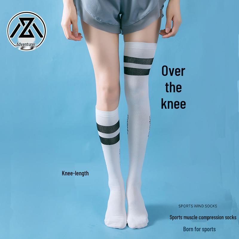 Meias de Compressão Acima do Joelho para Yoga, Aeróbica e Corrida - Design Elegante de Duas Listras