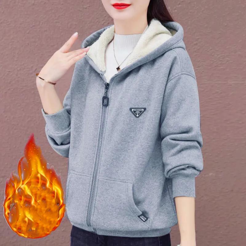 Women Autumn Winter Warm Casual Zip Up Fleece Hooded Sweatshirt Loose Thick Long Sleeve Hoodies Tops
