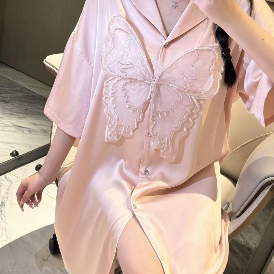 Sexy Pajamas Women's Summer Shirt Pajamas Summer Women's New Lace Short Sleeves Large Size Outer Wear Advanced Sense