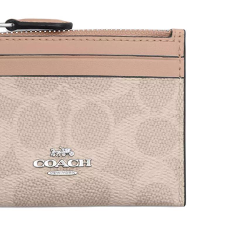 Coach Skinny Id Case Logo Metal Zipper Closure Faux Leather Card Holder Regular Women's Sand Sand Color