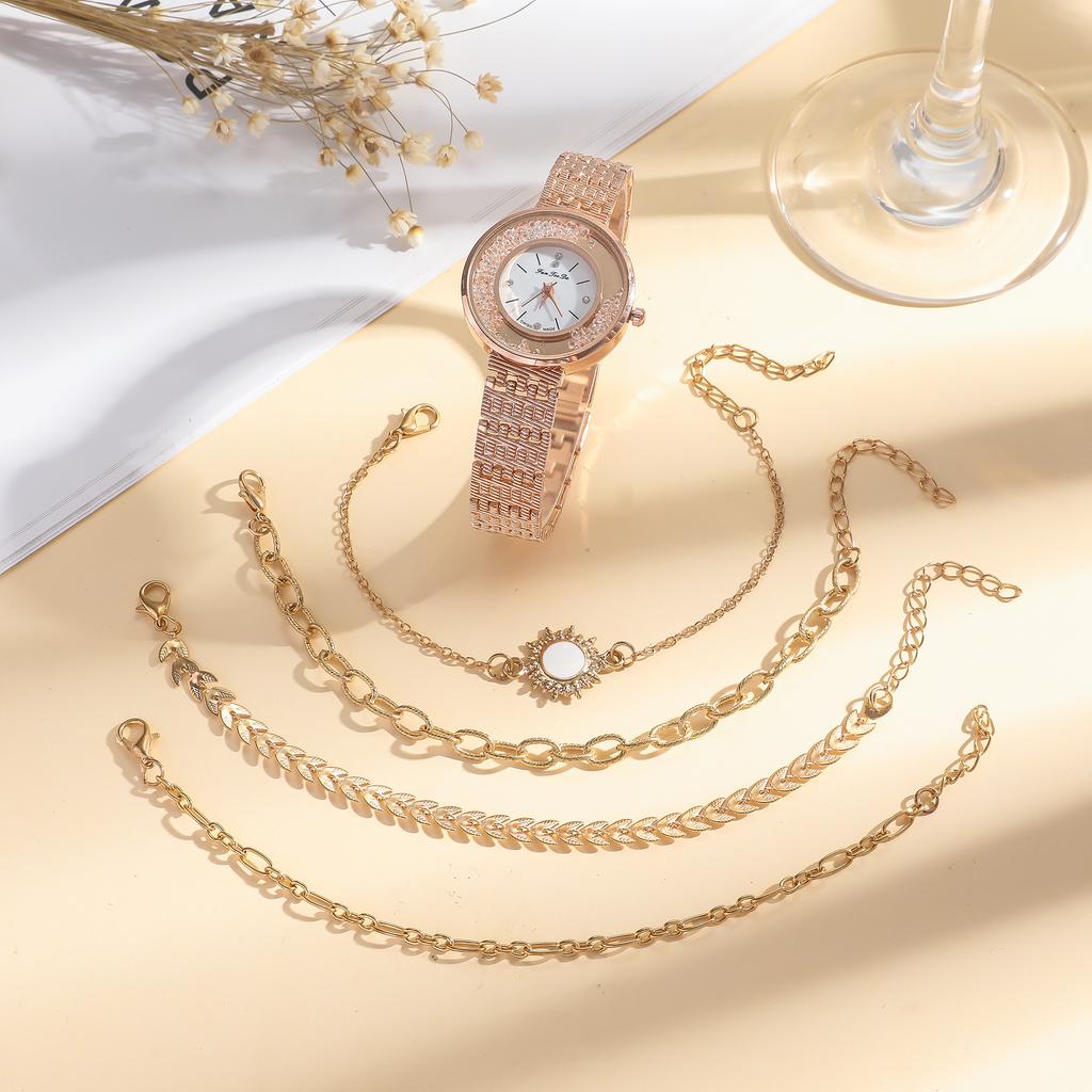 5pcs/set; Simple and Stylish Ladies' New Diamond-inlaid Watch Necklace Set of Five, Suitable for Birthday Gifts