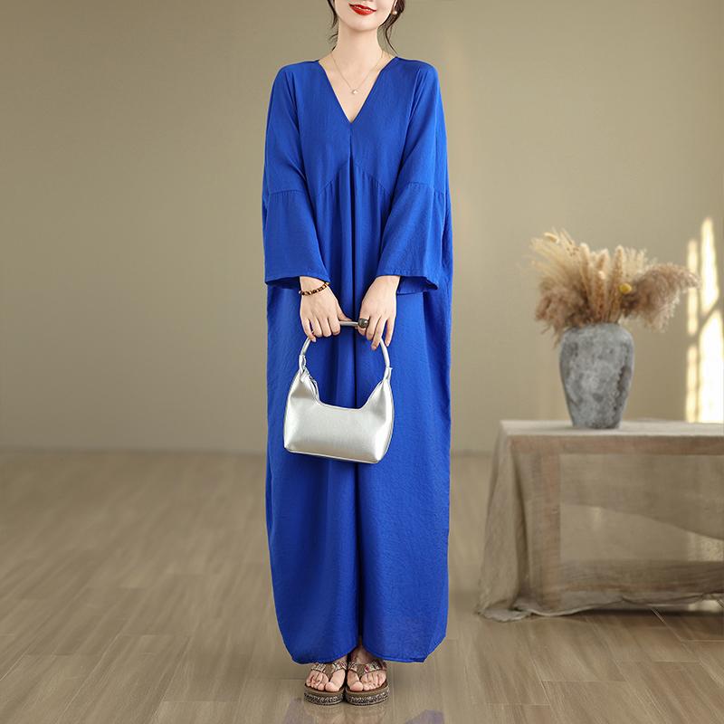 

DIMANAF 2025 Женское Весеннее Длинное Платье Большого Размера Свободное Базовое С Принтом Винтажное Повседневное Цветочное Оверсайз С Длинным Рукавом Макси One Size синий