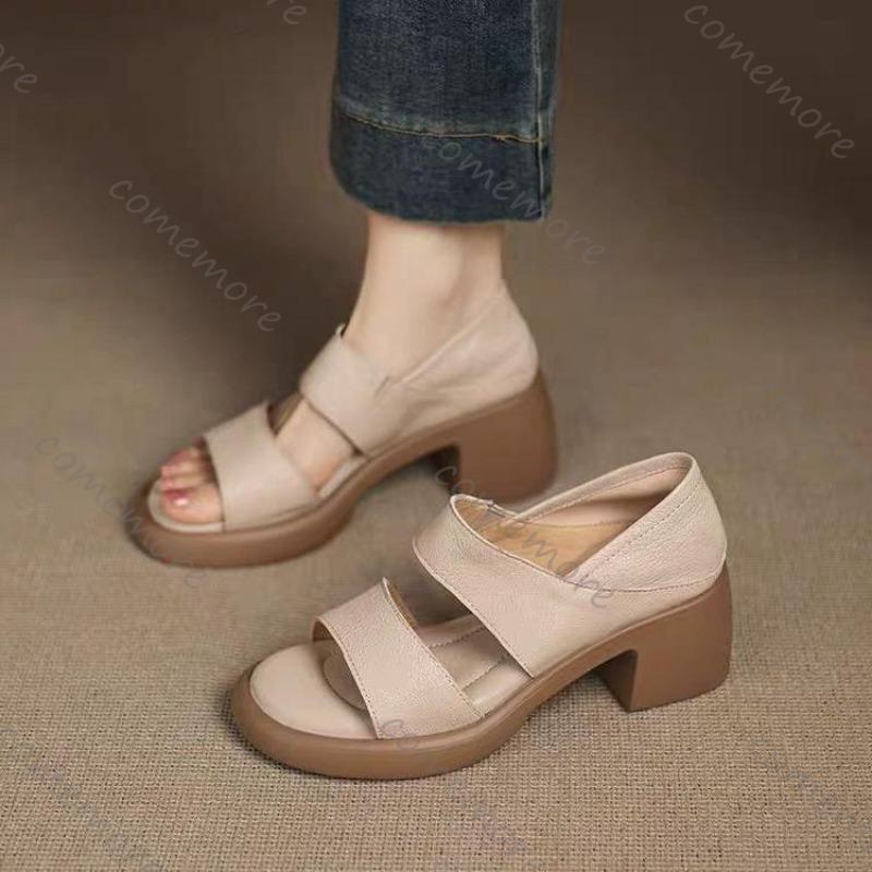 Fashion Comemore Retro Thick Bottom Sandals for Women Apricot Soft Leather 6cm Chunky High Heels Female Shoes Peep Toe Heeled Sandales