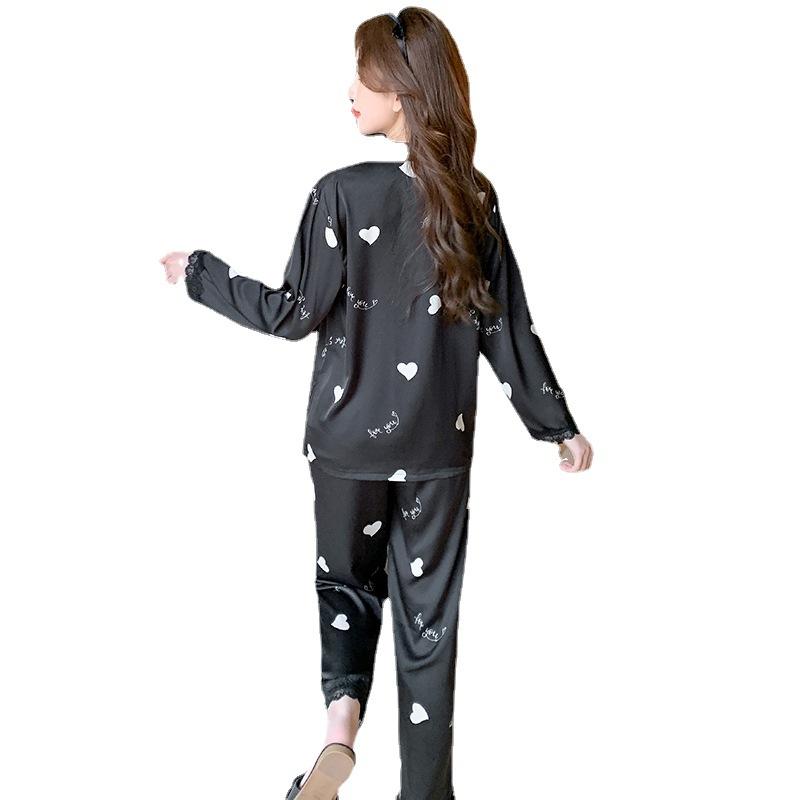Women's Spring and Autumn 2-piece Ice Silk Loungewear Long Sleeve Long Pants Pajamas Set Ladies Printed Sweet and Cute Homewear