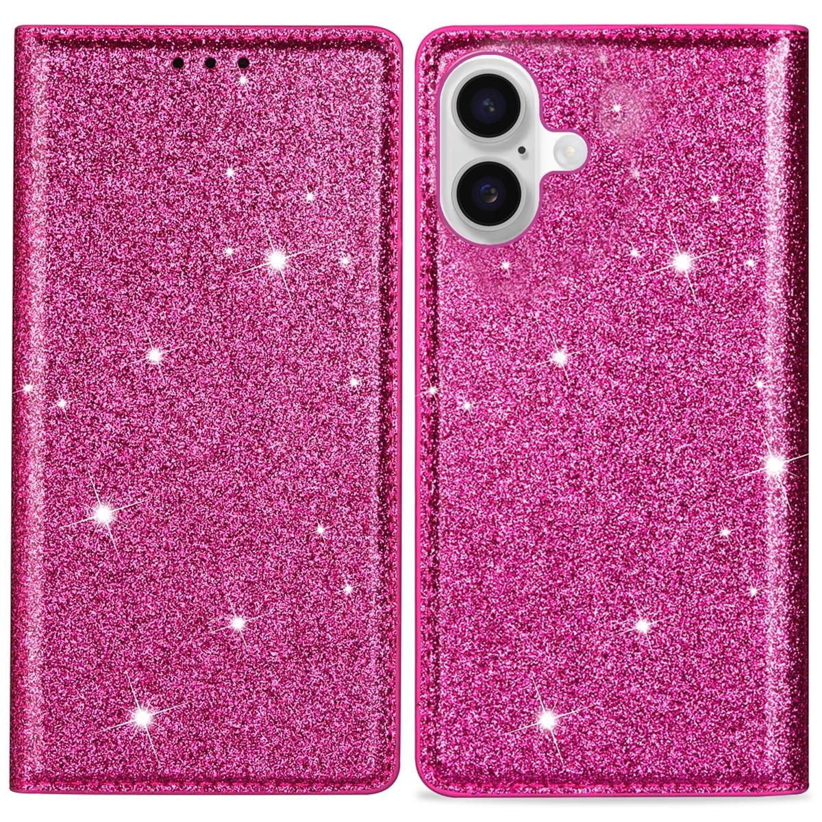 

For iPhone 16 Case Glittery PU Leather+TPU Card Slot Phone Cover Rose