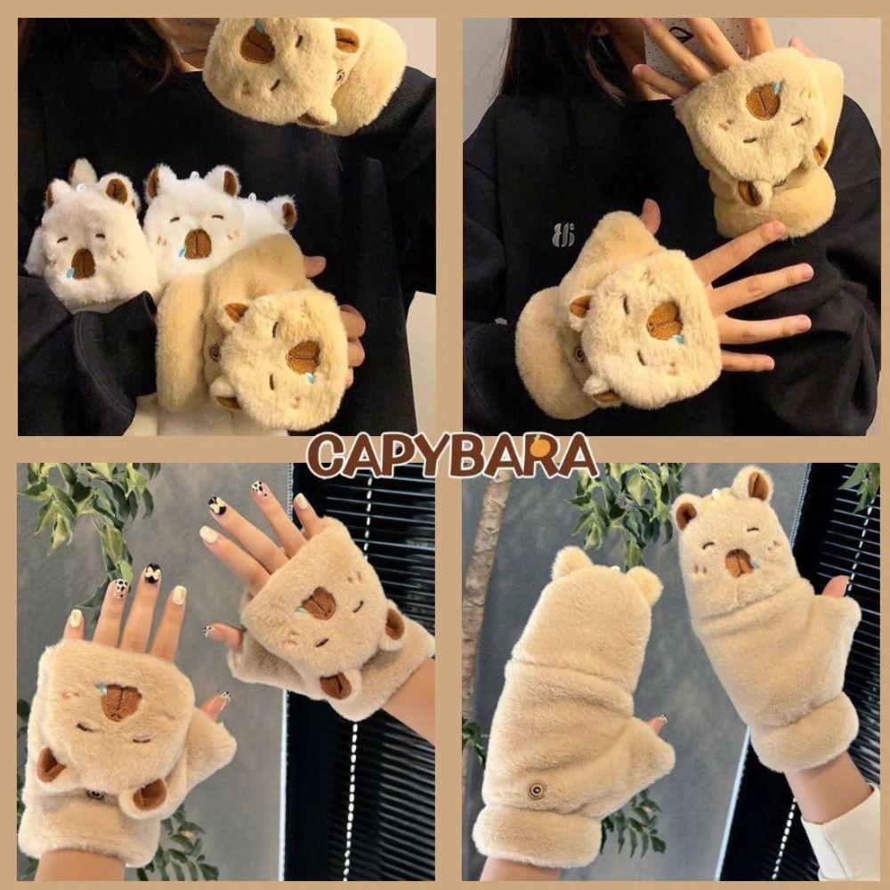 Half Finger Capybara Gloves Flip Cover Women Mittens Kawaii Plush Gloves  Male