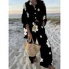 Fresh Holiday Style Long-sleeved Trousers Suit for Women, Black and White Daisy Print Shirt, Wide-leg Pants Two-piece Set