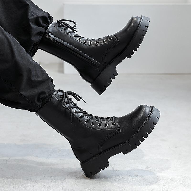 New Men's High-top Boots Punk Style Motorcycle Boots Classic Black Casual Leather Boot Lace Up Mid-Calf Platform Boots Botas