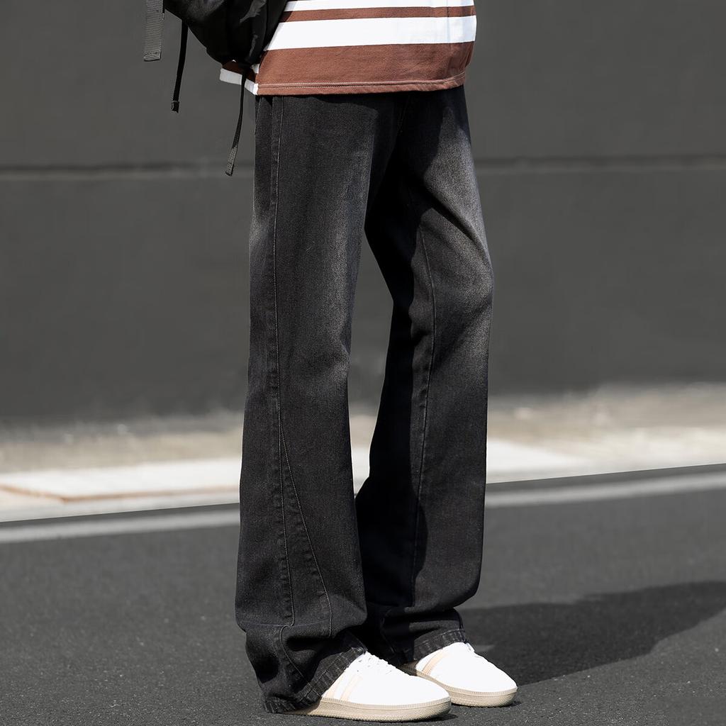 SWAMP AREA American High Street Vintage Men's Denim Jeans Spring Autumn Loose Straight Wide Leg Slight Flare Long Pants K113 Black 3XL