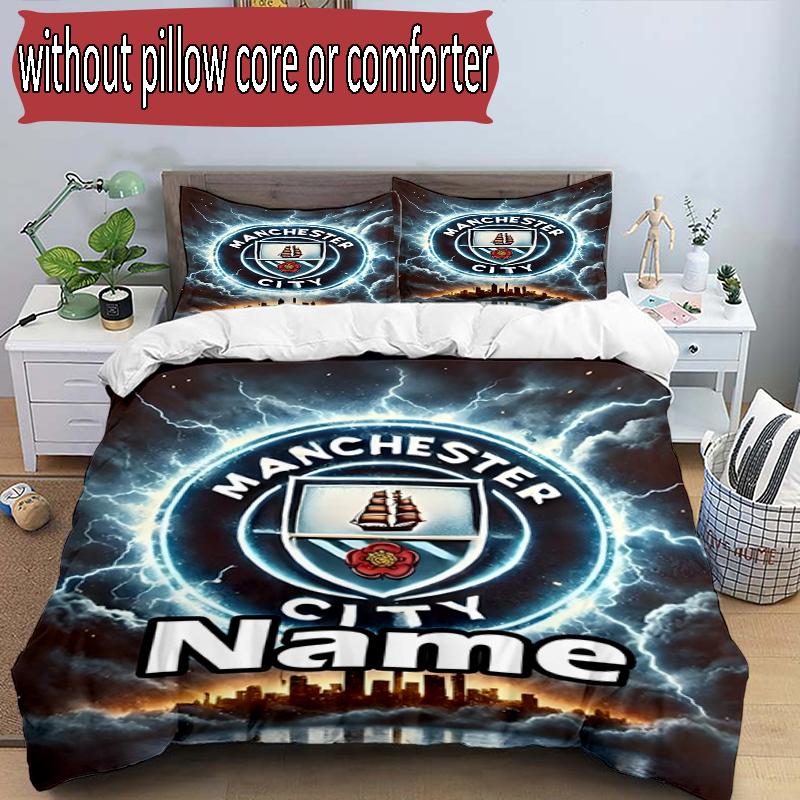 3pcs Duvet Cover Set (1*Duvet Cover + 2*Pillowcase, Without Core), Custom Name Manchester City FC Pattern Bedding Set, Home Bedroom Decor Gift