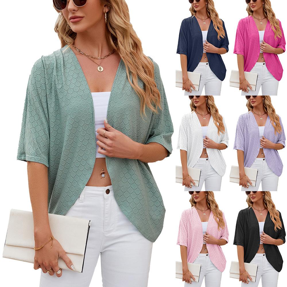 Women's Open Front Three Quarter Sleeve Cardigan Loose Fit Solid Knit Shrug Elegant Casual Hollow Out Kimono Cover Up For Spring Daily Outfit