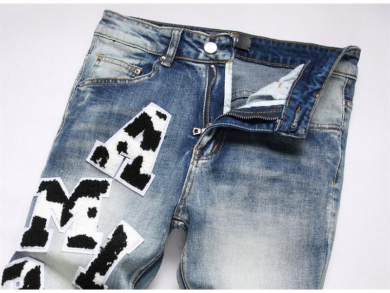 Verwaschene Blaue Distressed Bestickte Herren Skinny Jeans