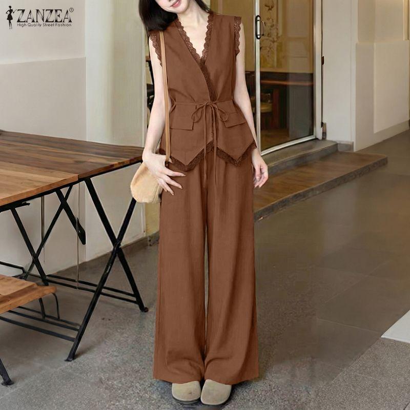 ZANZEA Women Sleeveless Lace Vest Tops and Pants Summer Two Piece Suit Sets