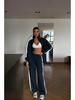 2026 Women's Spring/Autumn Striped Colorblock Zipper Cardigan & Long Pants Two-Piece Set