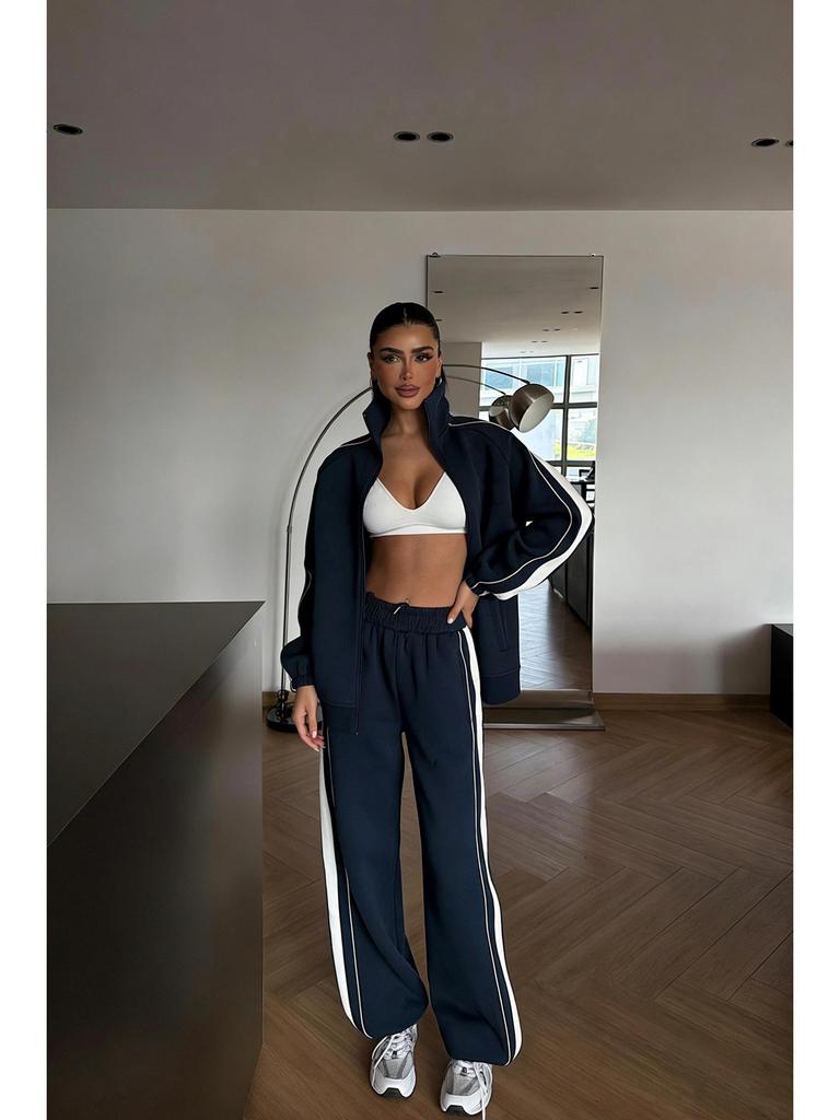 2026 Women's Spring/Autumn Striped Colorblock Zipper Cardigan & Long Pants Two-Piece Set