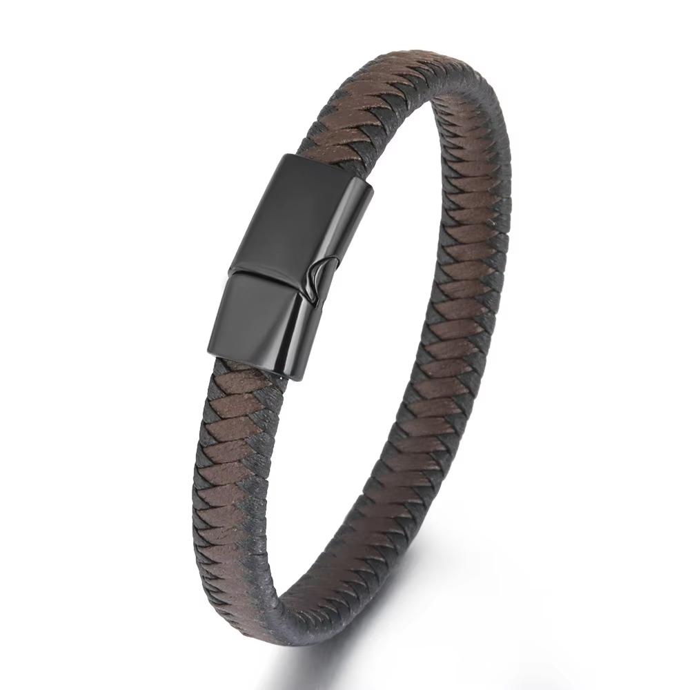 engrave logo Fashion Punk Men Jewelry Braided Leather Bracelet Men Handmade Bracelet Trendy Stainless Steel Clasp Male Bracelets
