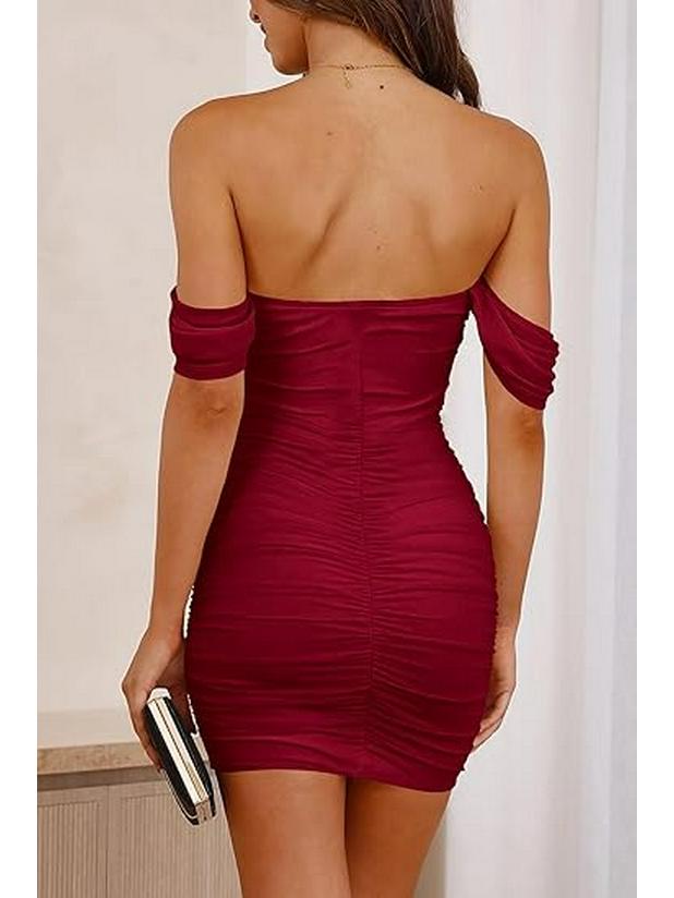 Off-Shoulder Ruched Bodycon Dress - European/American Style for Parties/Commutes