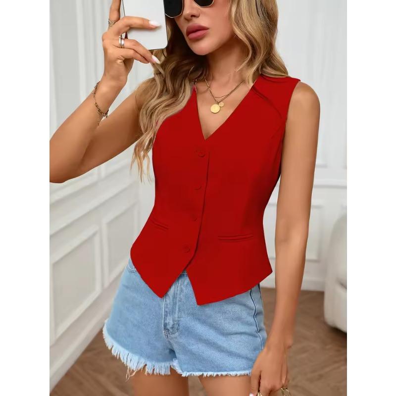 Women's Sleeveless Vest V-neck Button Front Cut Casual Elegant Spring Summer Tops Routine Suitable Office Vests & Waistcoats