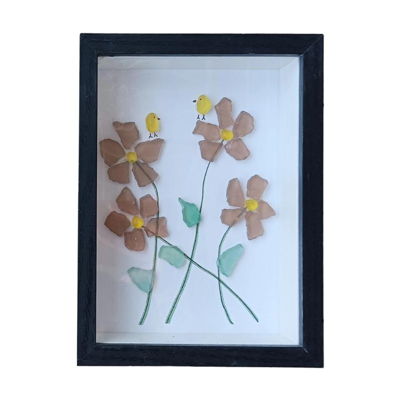 Handmade Sea Glass Art Frame Table Decors Forget Me Not Flower Birds Sea Glass Table Art Decors Gift for Friend