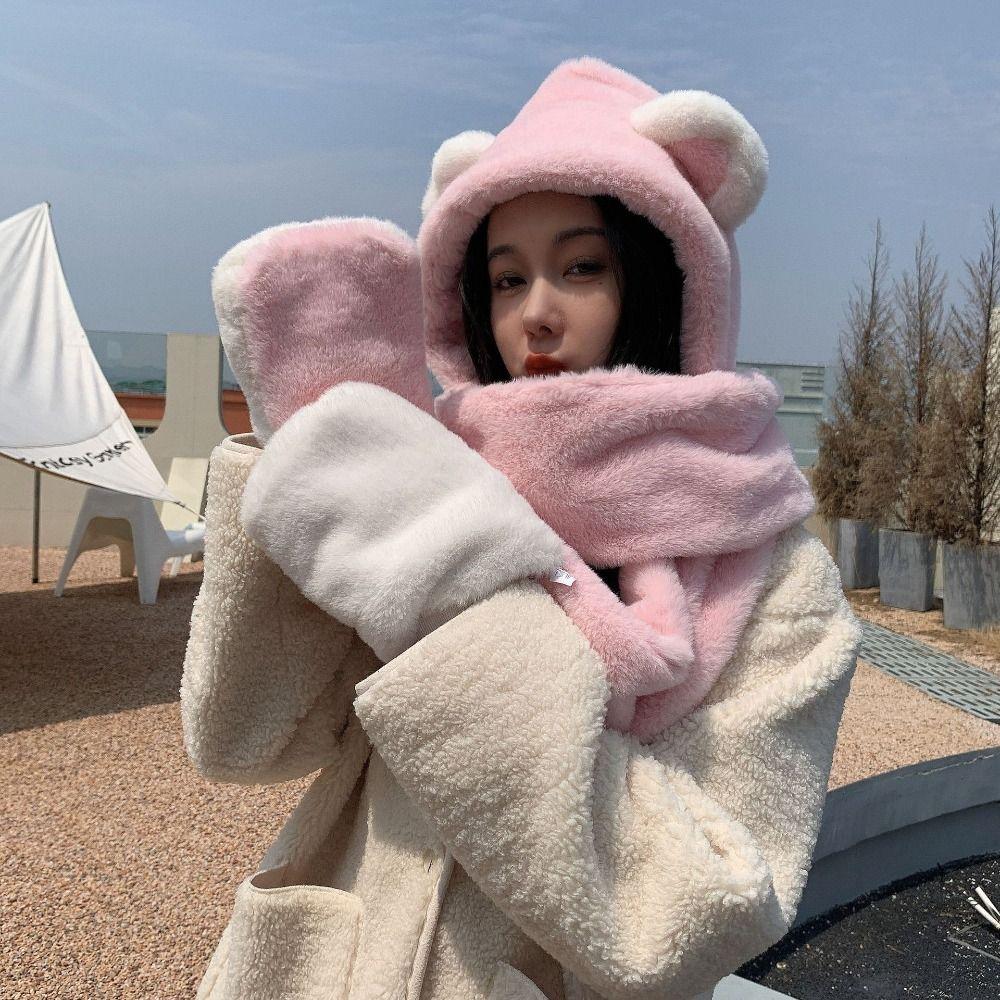 Cute Cartoon Bears Ears Plush Hat Warm Soft Hat Scarf Gloves Set Windproof Ear Protection Cap Women