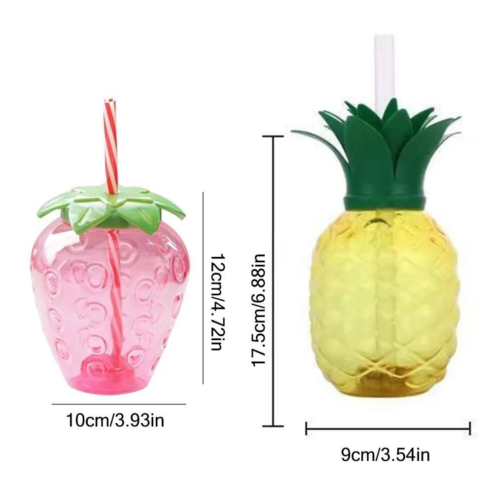 Cartoon Fruit Straw Cup Strawberry Pineapple Food Grade Plastic Water Bottle Watermelon Lemon Coconut Tea Milk Juice Drinkware