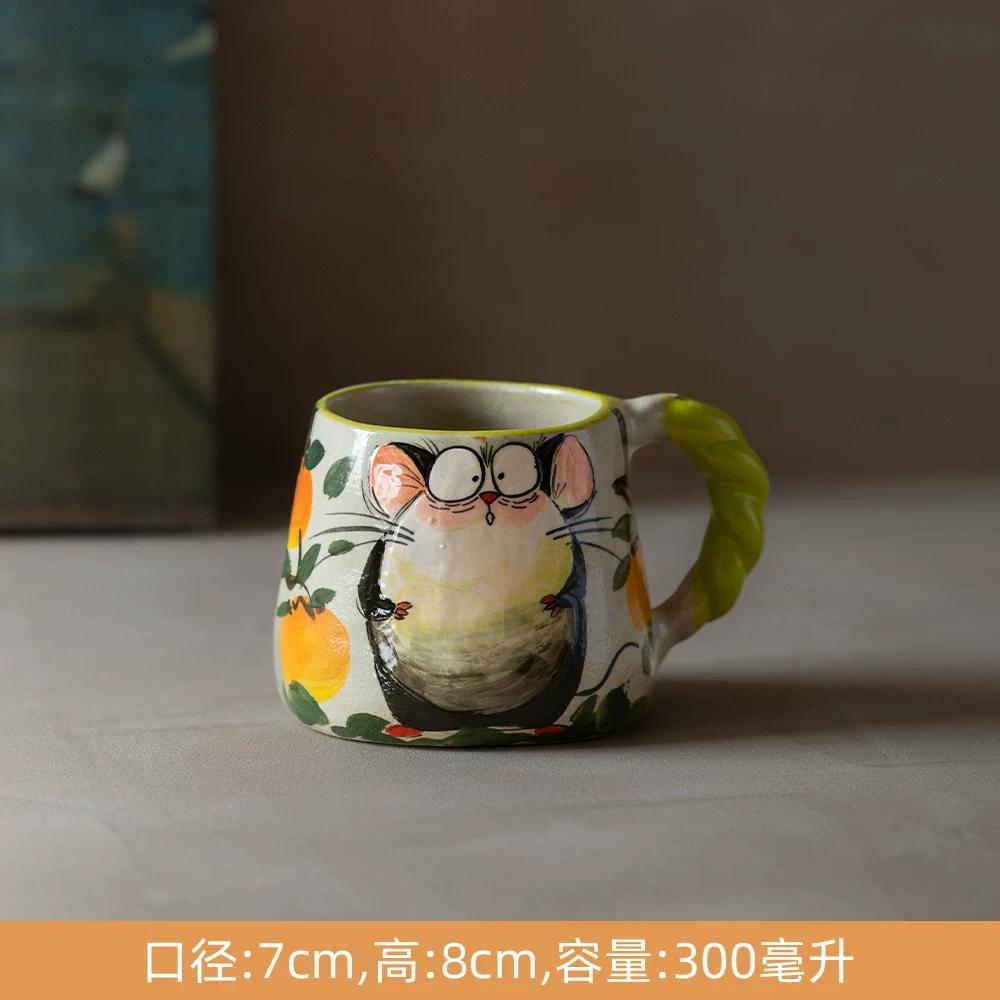 Cute Cat Ceramic Mug,Vintage Hand-Painted Ceramic Mug, Retro Floral Coffee Cup, Handmade Art Teacup for Home Office