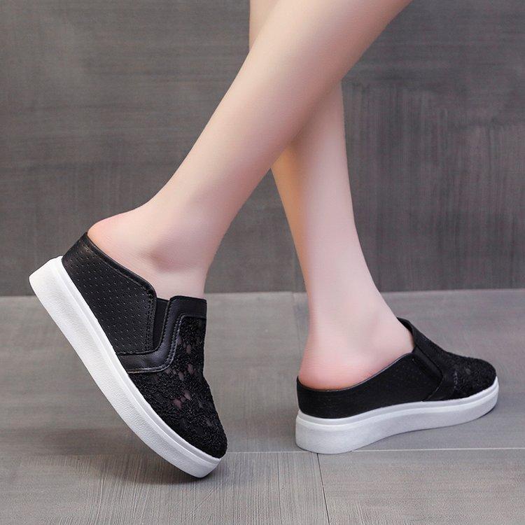 2024 Summer New Lace Mesh Breathable Baotou Half Slippers Femaleinternal Height Increase Wedges Small White Slides Women Sneaker