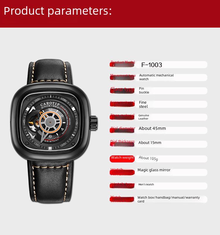 Men’s Automatic Mechanical Square Dial Watch – Hollow Design, Trendy Douyin Favorite