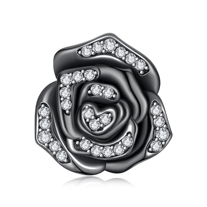 WOSTU 925 Silver Vintage Gothic Black Rose Flower Heart Beads, Retro Pearl Pendant Rainbow Charms Fit DIY Jewelry Make