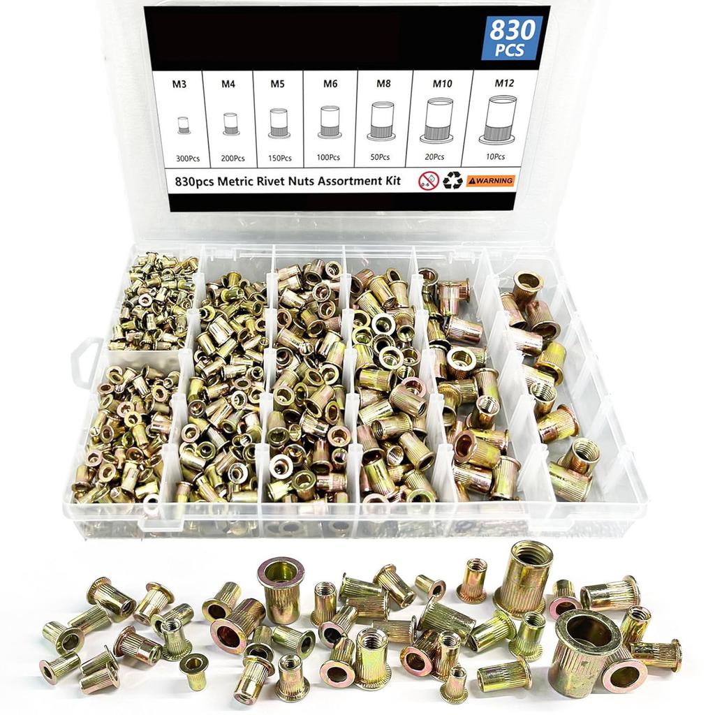 520Pcs830pcs Carbon Steel Male and British Color Zinc Rivet Nut Set Vertical Flat Head Rivet Nut