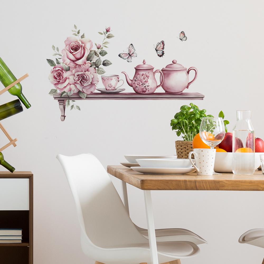 Watercolour Roses Tea Set Background Landscaping Decorative Wall Stickers