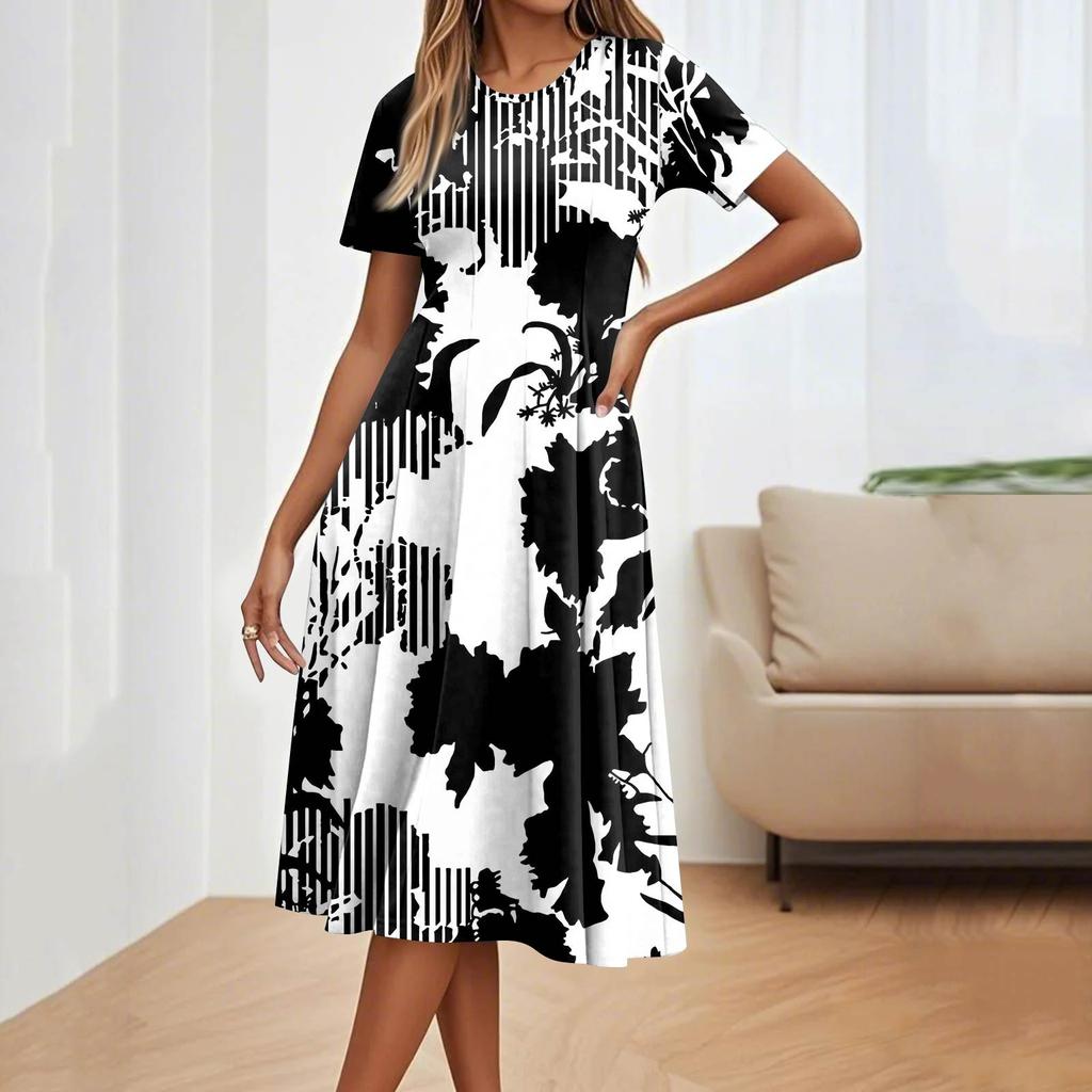 Abiti midi casual da donna alla moda, con scollo rotondo, maniche corte e stampa floreale