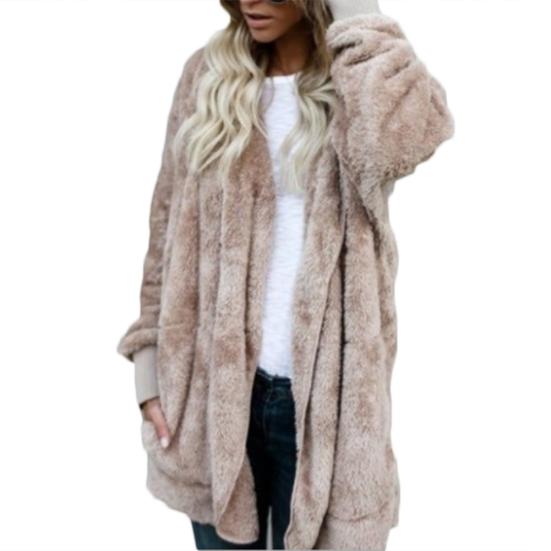 Winter Women Reversible Faux Fur Pocket Long Sleeve Hooded Midi Coat Cardigan
