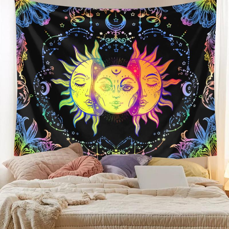 1pc Sun, moon, hippie style tapestry, colorful lunar phase tapestry, Bohemian decorative wall hanging for bedroom decoration