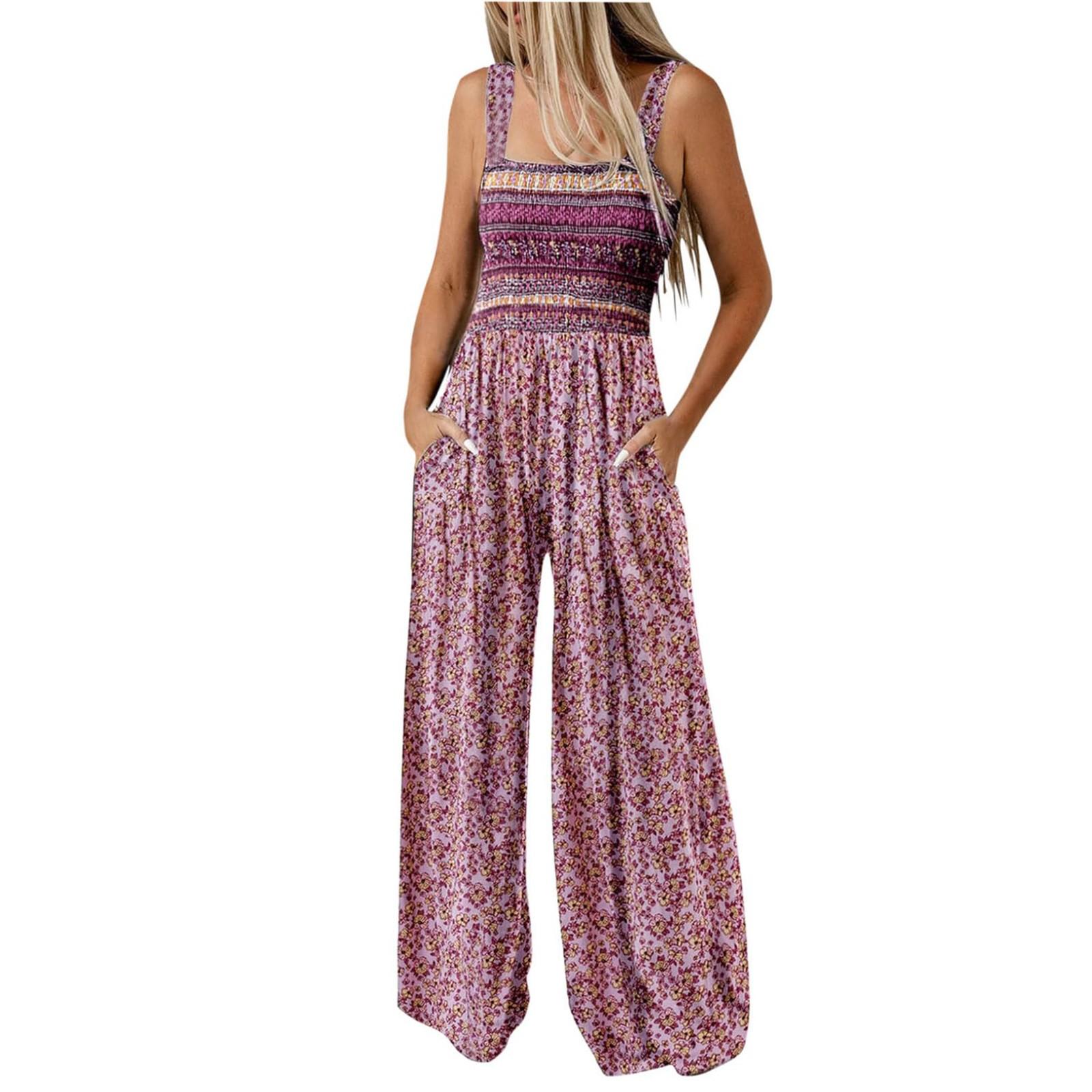 

Жіночий комбінезон із плісированими плечовими ременями з принтом і широкими штанинами