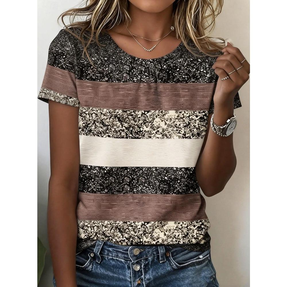 Fashion Women Retro Creative Horizontal Stripes Print T Shirt Funny Casual O-neck Short Sleeves T-shirt Summer Female Tee Shirt