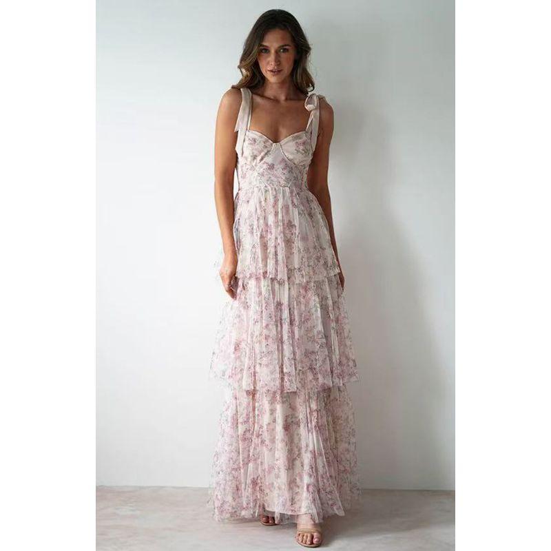 

New Arrival Long Sleeves European and American Women s Clothing Fashion Print Fairy Sweet Elegant Evening Dress Dress Pink S