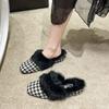 Fashion Aphixta Winter Gingham Upper Long Real Rabbit Fur Plush Women Slippers Nature Warm Furry Shoes Square Toe Flat Heel Hair Slides