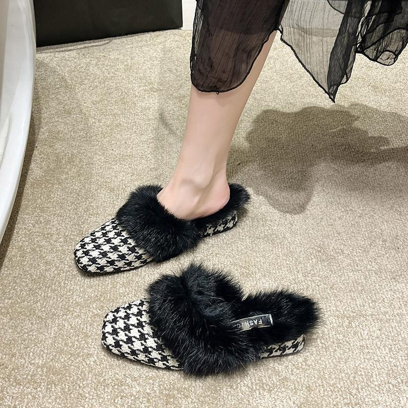 Fashion Aphixta Winter Gingham Upper Long Real Rabbit Fur Plush Women Slippers Nature Warm Furry Shoes Square Toe Flat Heel Hair Slides
