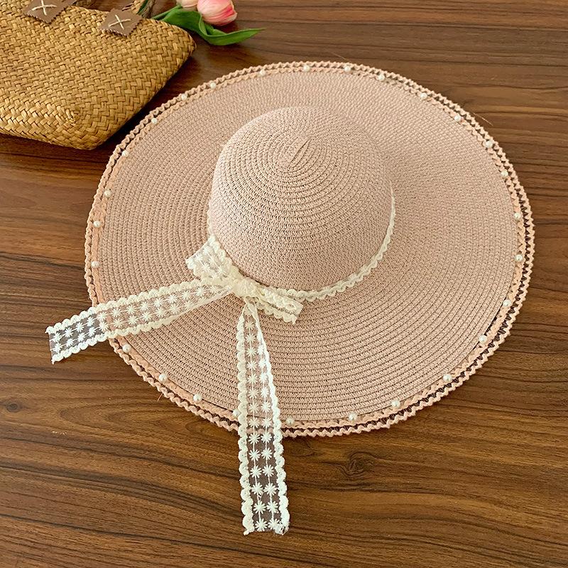 Pearl lace strap straw hat women's summer big brim seaside vacation bow sun hat sun hat