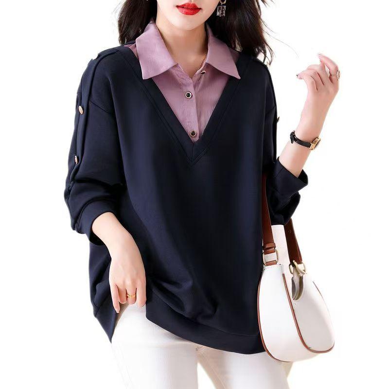 Fashionable and Versatile Polo Collar Two-piece Nail Bead Hoodie for Plus Size Women In Autumn