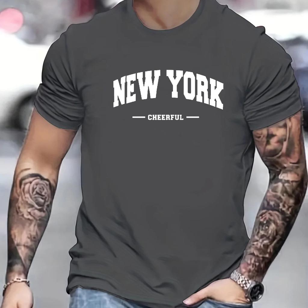 Men's 100% Pure Cotton Summer Loose Fit Oversized New York Cheerful Print Casual Slim Fit Round Neck Short Sleeved T-shirt Top