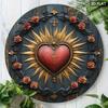 Vintage Heiliges Herz Jesu 7,8 Zoll Runde Wandplakette Gotische Religiöse Kunst Holzdekor Strahlender Sonnenstrahl Rotes Herz