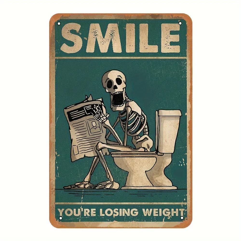 RETROSPOOKYZ Funny Skeleton Hanging Sign | Skeleton with Newspaper Art | Vintage Bar & Bathroom Decor