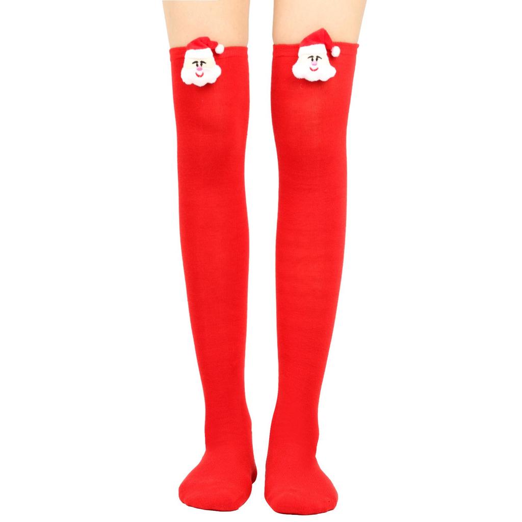 Women's Christmas Striped Thigh High Socks with Santa Claus Doll Design