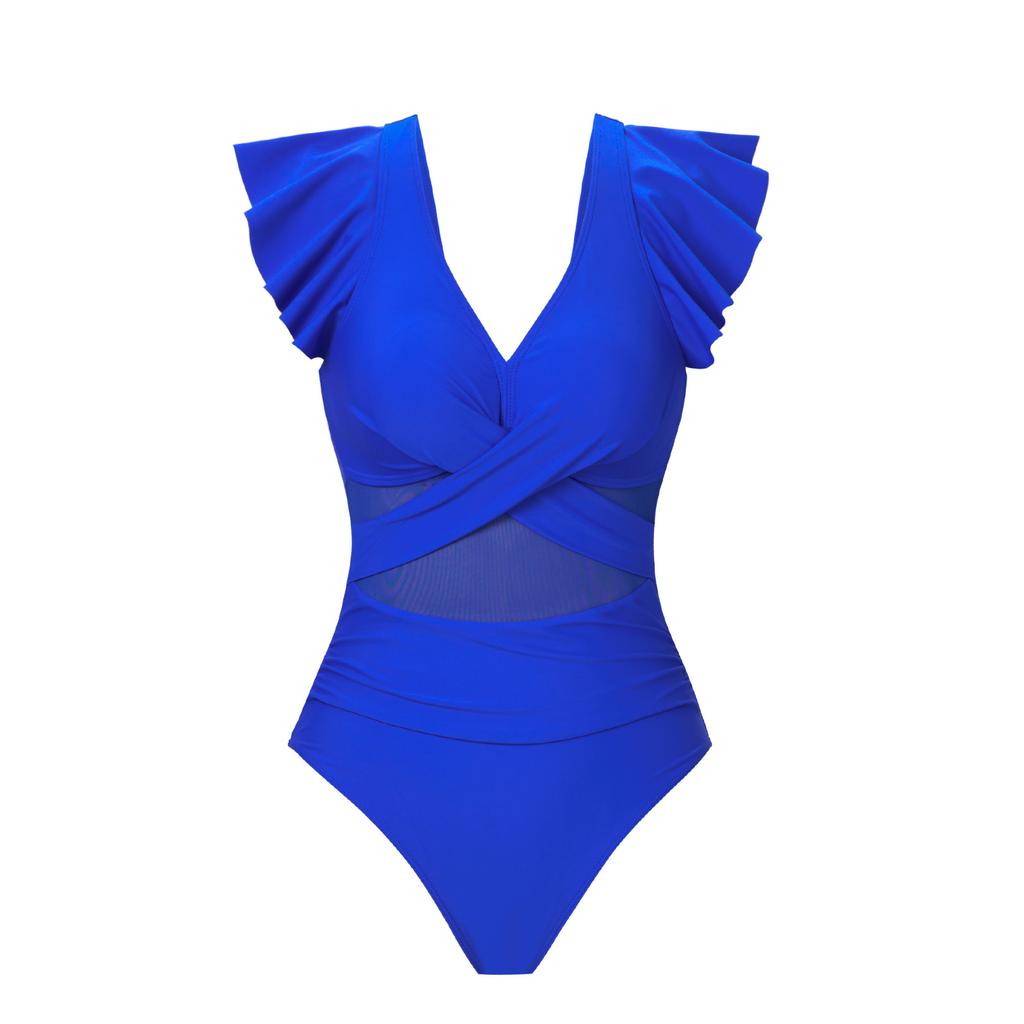 Women’s Fashion Ruffled Solid Color Bathing Suit One-Piece Bikini Swimsuit Quick-Dry Sporty Swimwear
